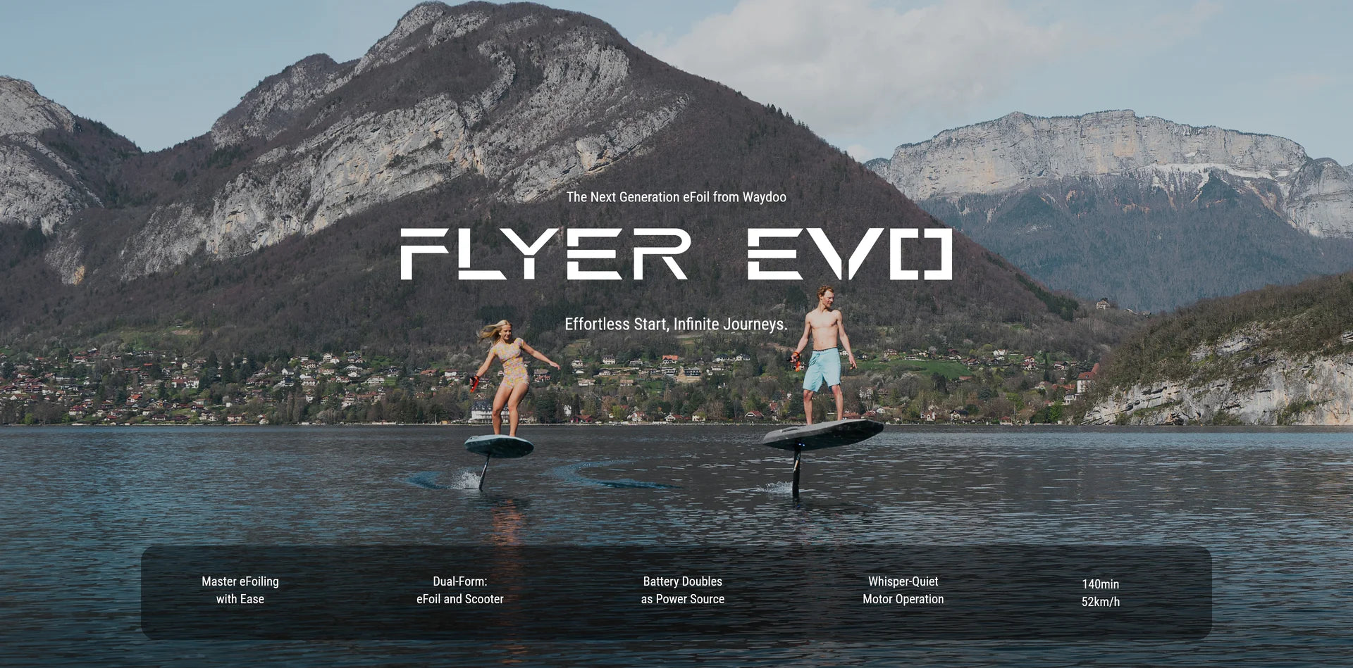 Flyer Evo promotie banner met twee eFoilende mensen op een meer tussen de bergen